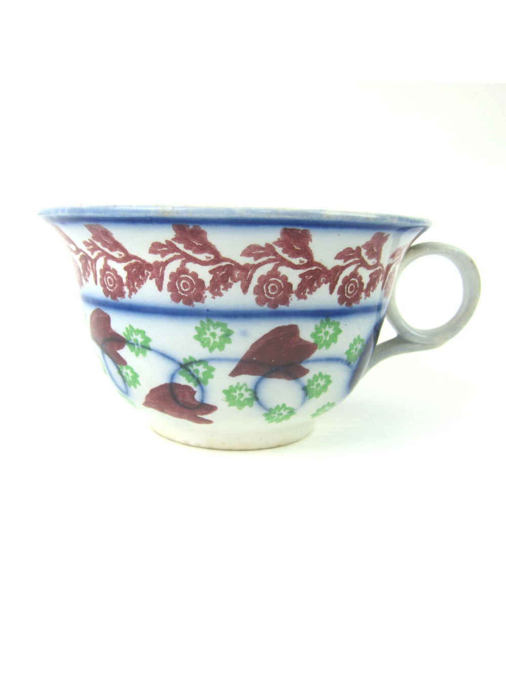 Antique Stick Spatter Handled Bowl Cup Flowers Dark Re,d Green, Flow Blue 1900s